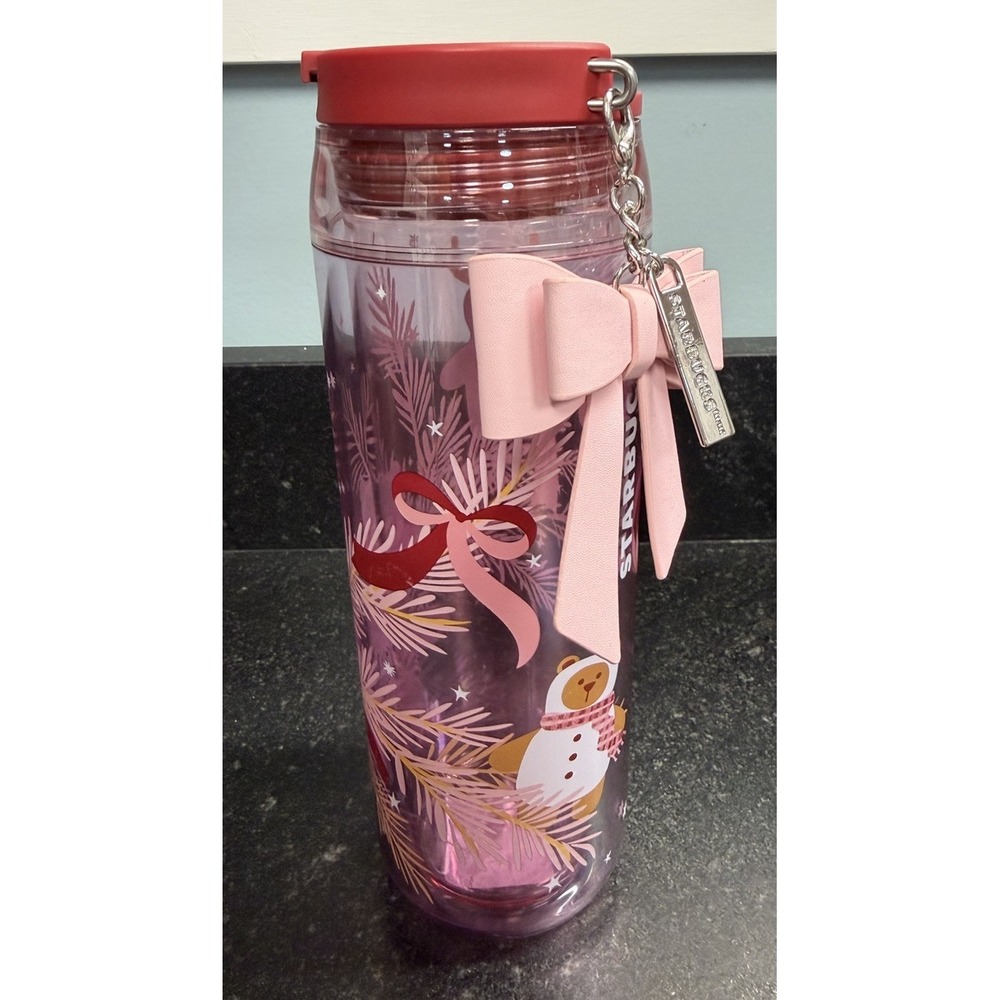 Starbucks Holiday Christmas Pink Bearista Bow Charm Keychain Cold Tumbler 16 oz